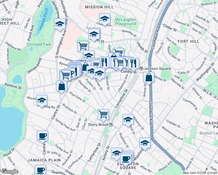 map of restaurants, bars, coffee shops, grocery stores, and more near 54 Mozart Street in Boston