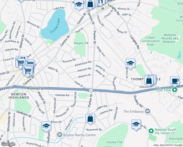 map of restaurants, bars, coffee shops, grocery stores, and more near 181 Parker Street in Newton