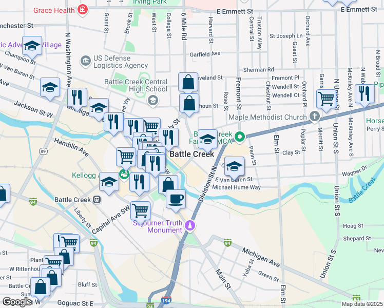 map of restaurants, bars, coffee shops, grocery stores, and more near in Battle Creek