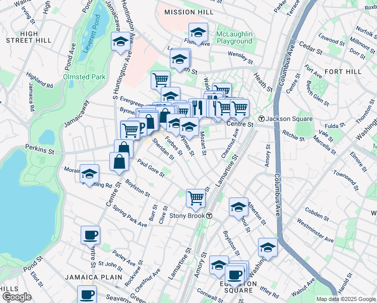 map of restaurants, bars, coffee shops, grocery stores, and more near 35 Wyman Street in Boston