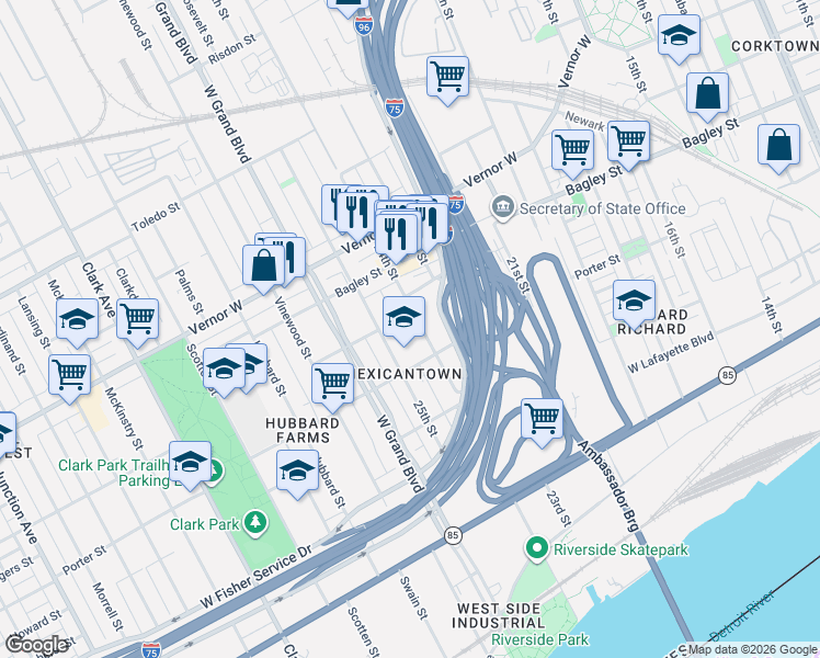 map of restaurants, bars, coffee shops, grocery stores, and more near 1475 24th Street in Detroit