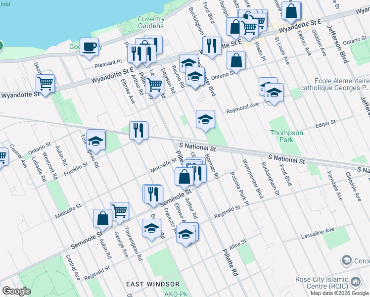 map of restaurants, bars, coffee shops, grocery stores, and more near 1340 Olive Road in Windsor