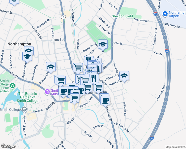 map of restaurants, bars, coffee shops, grocery stores, and more near 5 Market Street in Northampton