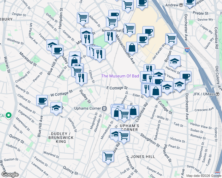 map of restaurants, bars, coffee shops, grocery stores, and more near 65 East Cottage Street in Boston