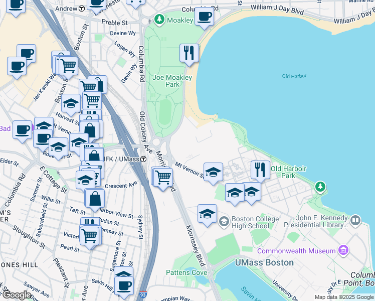 map of restaurants, bars, coffee shops, grocery stores, and more near 150 Mount Vernon Street in Boston