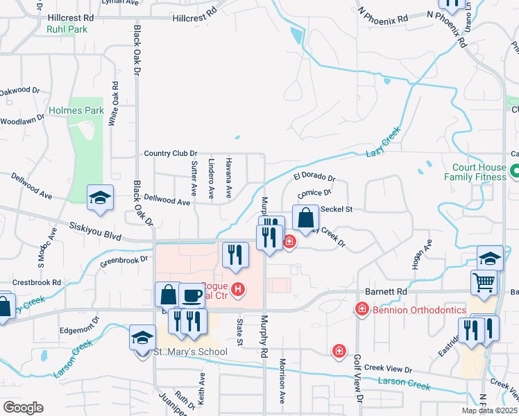 map of restaurants, bars, coffee shops, grocery stores, and more near 442 Murphy Road in Medford