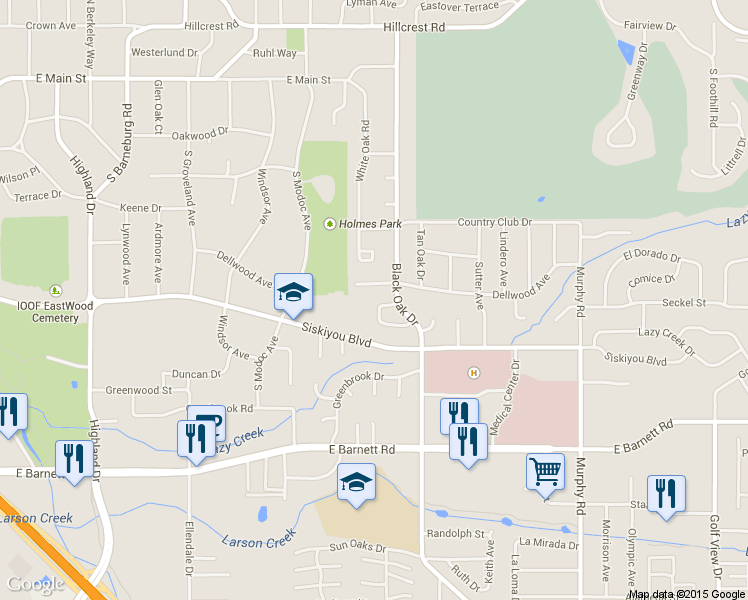 map of restaurants, bars, coffee shops, grocery stores, and more near 2325 Siskiyou Boulevard in Medford