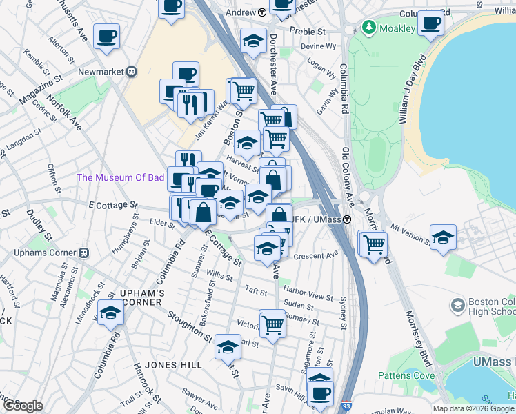 map of restaurants, bars, coffee shops, grocery stores, and more near 69 Roseclair Street in Boston