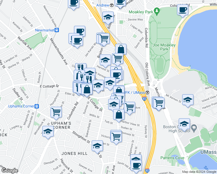 map of restaurants, bars, coffee shops, grocery stores, and more near 69 Roseclair Street in Boston