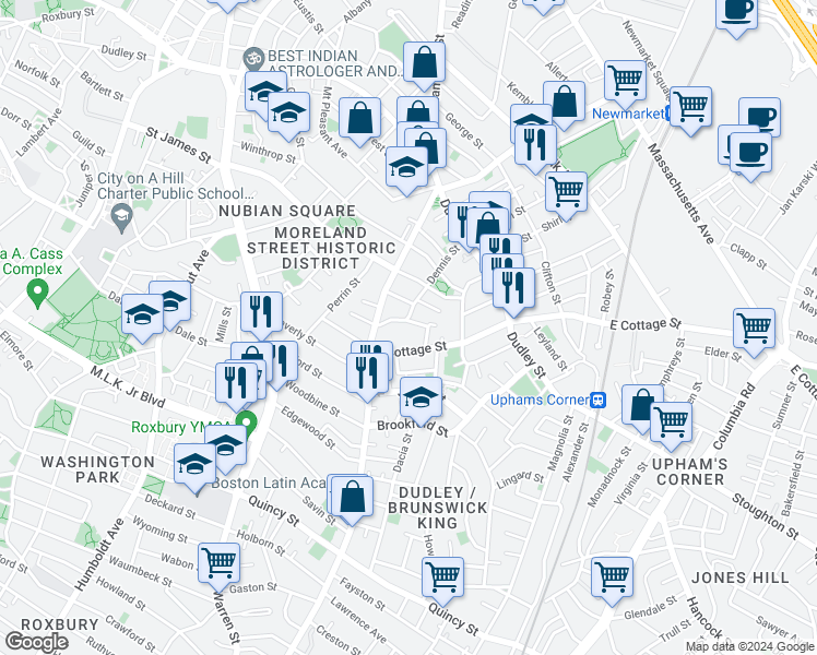 map of restaurants, bars, coffee shops, grocery stores, and more near 75R West Cottage Street in Boston
