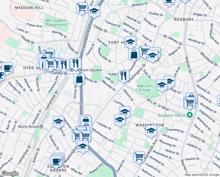map of restaurants, bars, coffee shops, grocery stores, and more near 12 Marcella Street in Boston