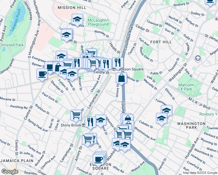 map of restaurants, bars, coffee shops, grocery stores, and more near 55-73 Amory Street in Boston