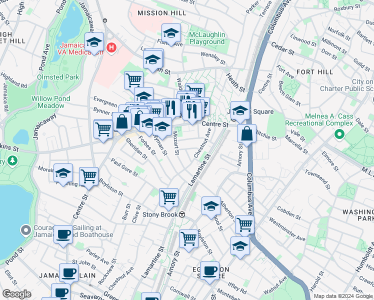 map of restaurants, bars, coffee shops, grocery stores, and more near 54 Mozart Street in Boston