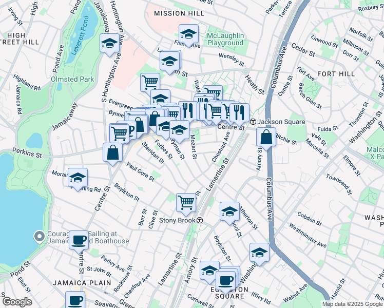 map of restaurants, bars, coffee shops, grocery stores, and more near 54 Mozart Street in Boston