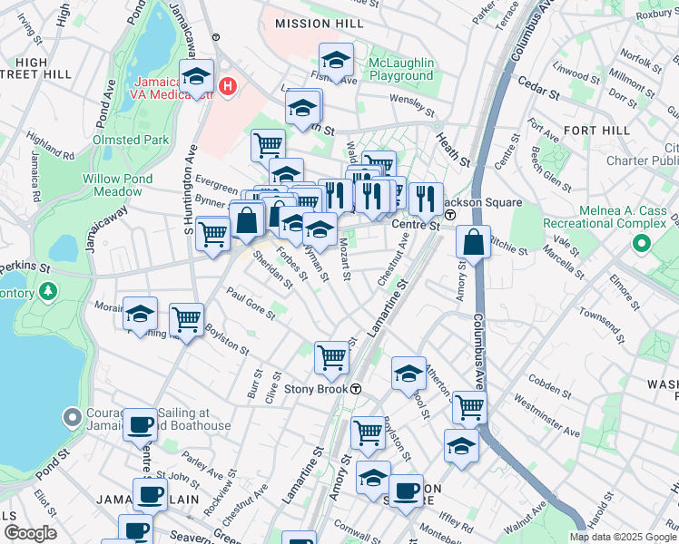 map of restaurants, bars, coffee shops, grocery stores, and more near 54 Mozart Street in Boston