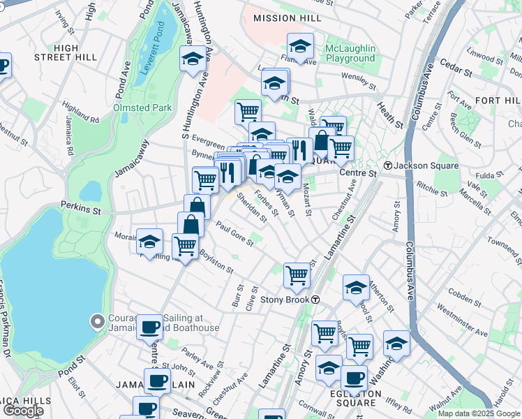 map of restaurants, bars, coffee shops, grocery stores, and more near 50 Sheridan Street in Boston