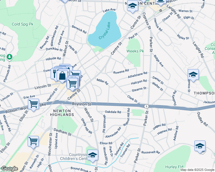 map of restaurants, bars, coffee shops, grocery stores, and more near 35 Cloverdale Road in Newton
