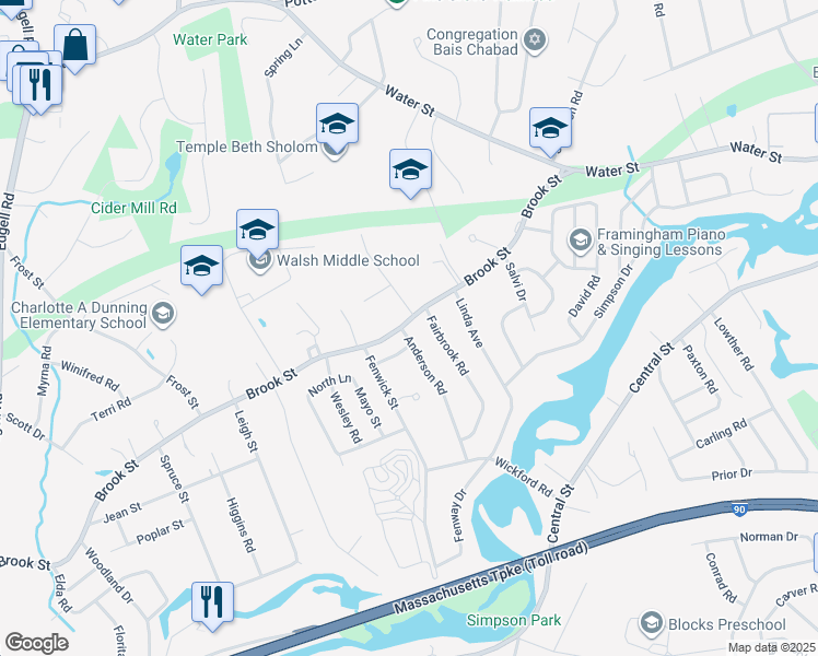 map of restaurants, bars, coffee shops, grocery stores, and more near 2 Anderson Road in Framingham