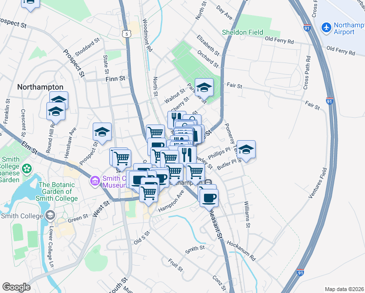 map of restaurants, bars, coffee shops, grocery stores, and more near 5 Market Street in Northampton