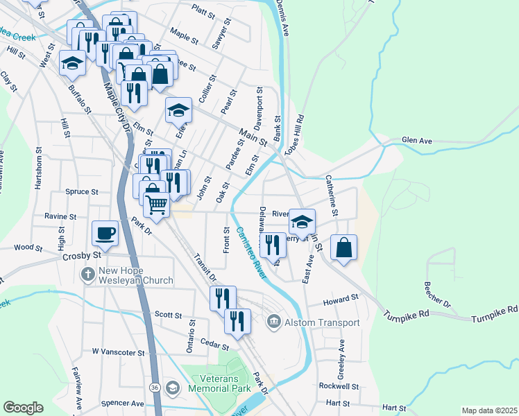 map of restaurants, bars, coffee shops, grocery stores, and more near 146 River Street in Hornell