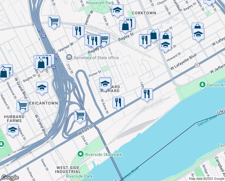 map of restaurants, bars, coffee shops, grocery stores, and more near 1051 18th Street in Detroit
