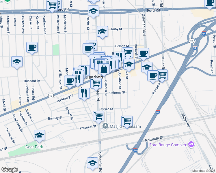map of restaurants, bars, coffee shops, grocery stores, and more near 4700 Schaefer Road in Dearborn