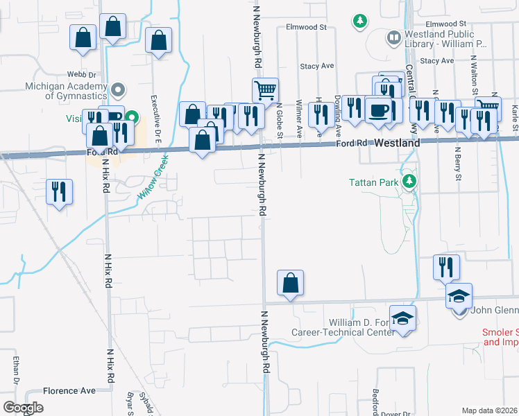 map of restaurants, bars, coffee shops, grocery stores, and more near 1847 North Newburgh Road in Westland