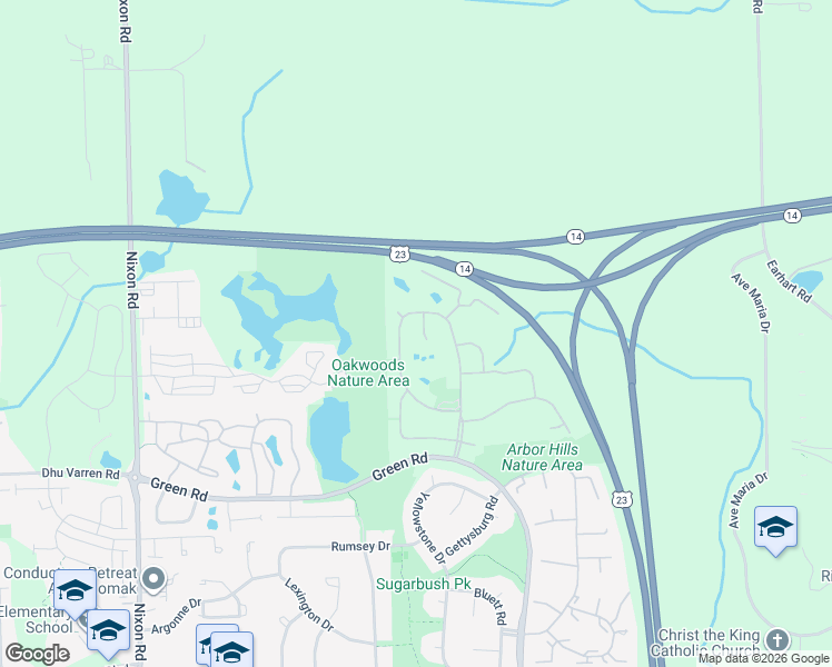 map of restaurants, bars, coffee shops, grocery stores, and more near 3233 Buckhorn Court in Ann Arbor