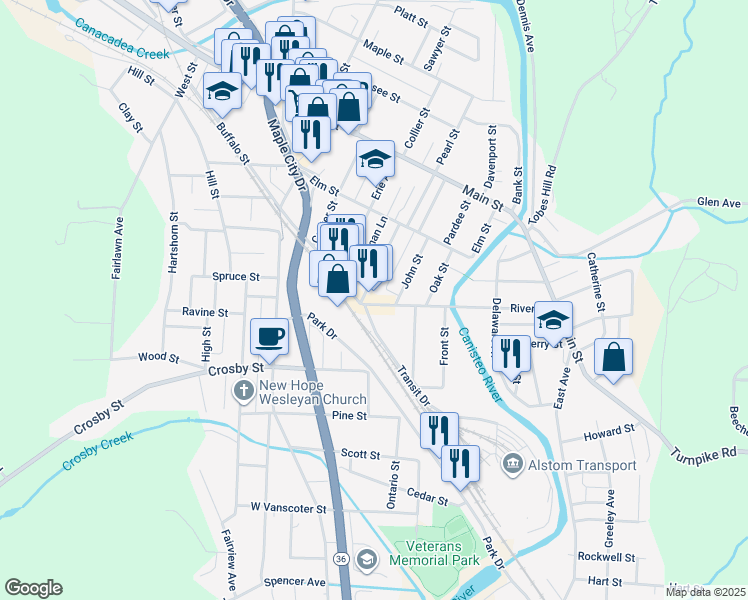 map of restaurants, bars, coffee shops, grocery stores, and more near 62-64 River Street in Hornell