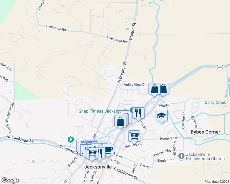 map of restaurants, bars, coffee shops, grocery stores, and more near North Oregon Street in Jacksonville