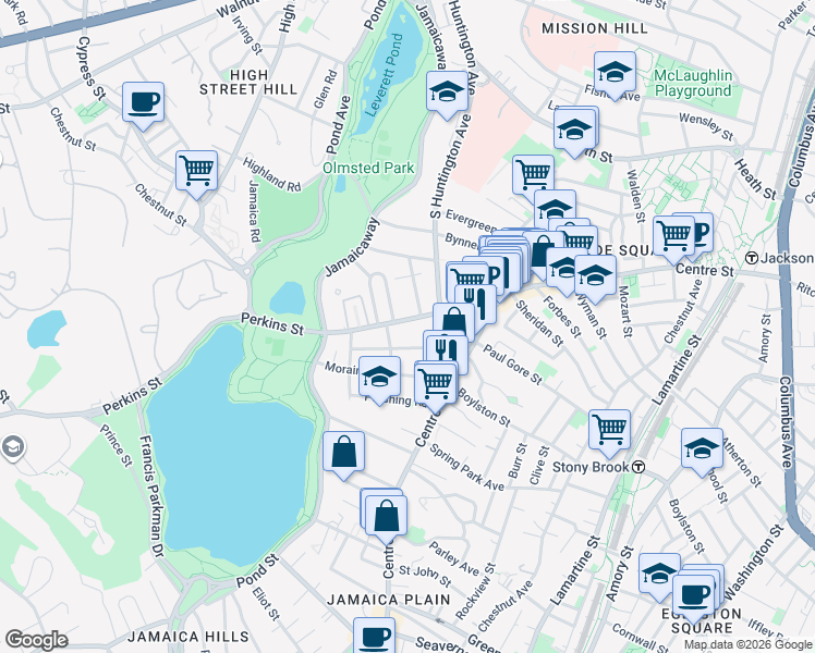 map of restaurants, bars, coffee shops, grocery stores, and more near 68 Perkins Street in Boston
