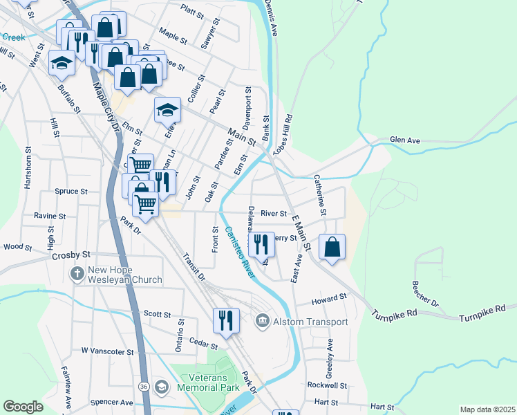 map of restaurants, bars, coffee shops, grocery stores, and more near 146 River Street in Hornell