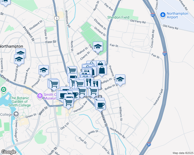 map of restaurants, bars, coffee shops, grocery stores, and more near 31 Bridge Street in Northampton