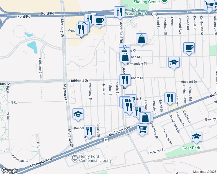 map of restaurants, bars, coffee shops, grocery stores, and more near 4825 Palmer Street in Dearborn
