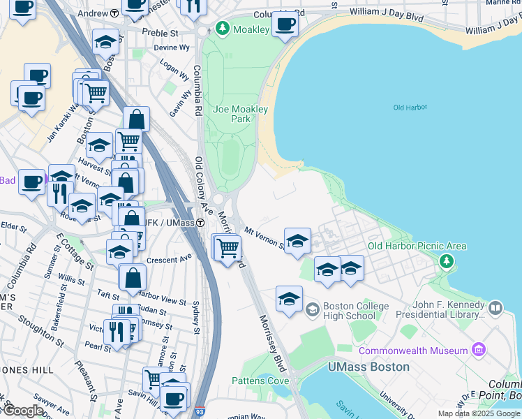 map of restaurants, bars, coffee shops, grocery stores, and more near 150 Mount Vernon Street in Boston
