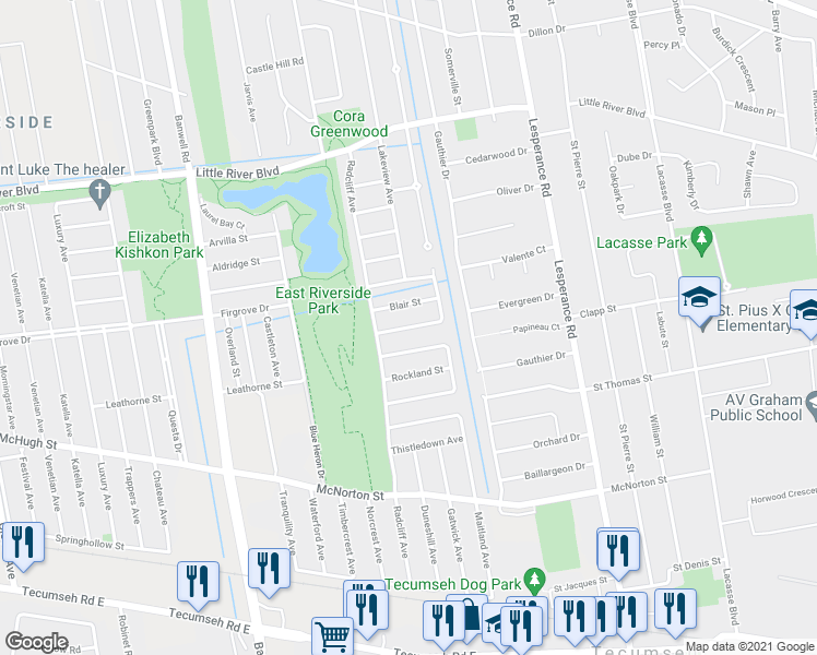 map of restaurants, bars, coffee shops, grocery stores, and more near 11941 Cobblestone Crescent in Windsor