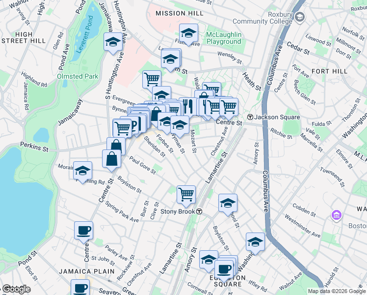 map of restaurants, bars, coffee shops, grocery stores, and more near 47 Wyman Street in Boston