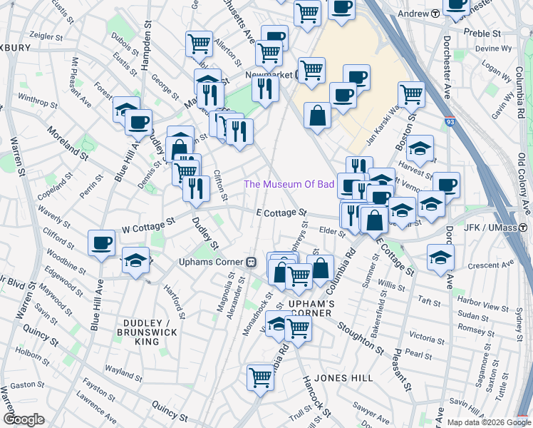 map of restaurants, bars, coffee shops, grocery stores, and more near 65 East Cottage Street in Boston
