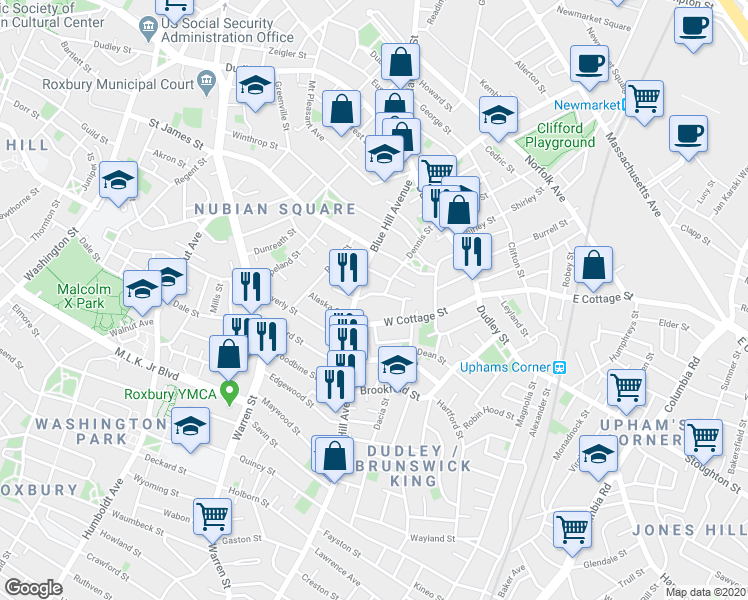 map of restaurants, bars, coffee shops, grocery stores, and more near 75R West Cottage Street in Boston