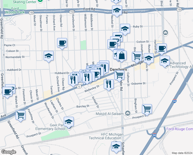 map of restaurants, bars, coffee shops, grocery stores, and more near 13919 Michigan Avenue in Dearborn