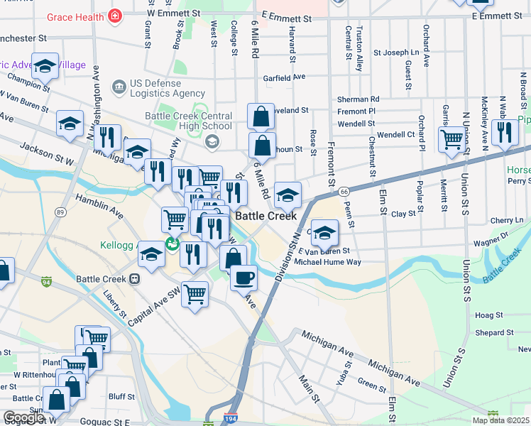 map of restaurants, bars, coffee shops, grocery stores, and more near 77 Capital Avenue Northeast in Battle Creek