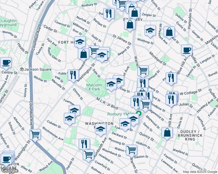 map of restaurants, bars, coffee shops, grocery stores, and more near 1 Paulding Street in Boston