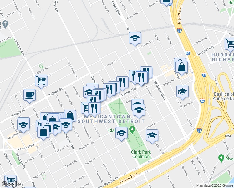 map of restaurants, bars, coffee shops, grocery stores, and more near 1923 Scotten Street in Detroit