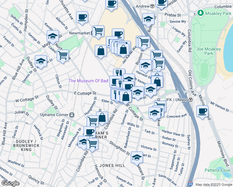 map of restaurants, bars, coffee shops, grocery stores, and more near 154 East Cottage Street in Boston