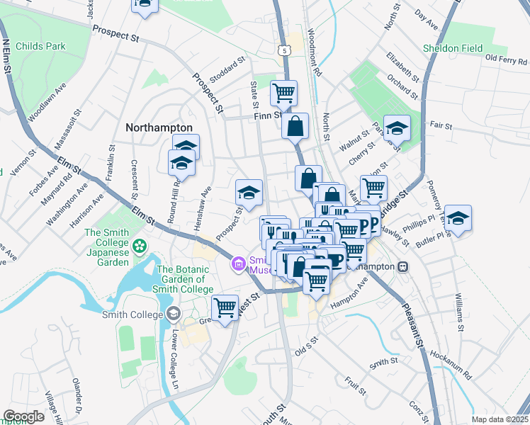 map of restaurants, bars, coffee shops, grocery stores, and more near 97 State Street in Northampton