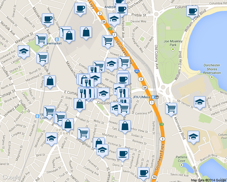 map of restaurants, bars, coffee shops, grocery stores, and more near 69 Roseclair Street in Boston