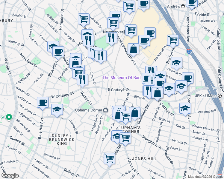 map of restaurants, bars, coffee shops, grocery stores, and more near 90-92 Robey Street in Boston