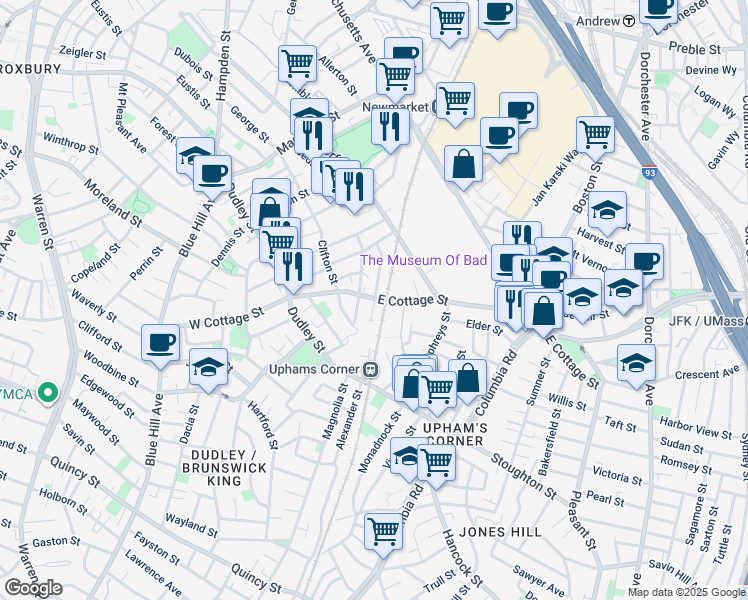 map of restaurants, bars, coffee shops, grocery stores, and more near 90-92 Robey Street in Boston