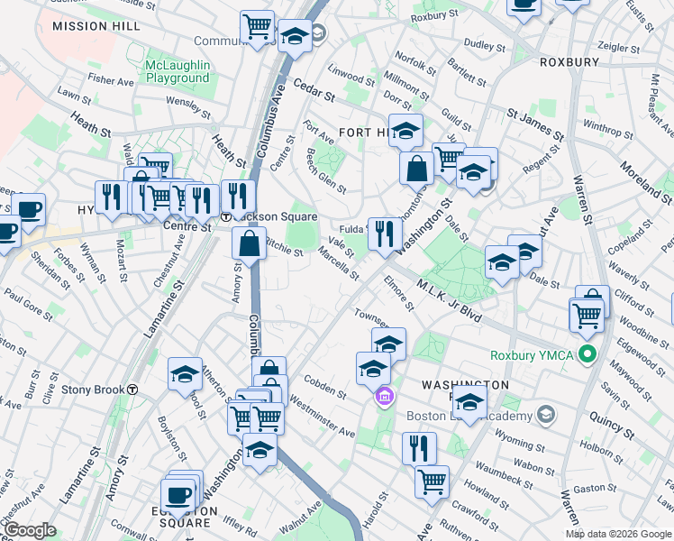 map of restaurants, bars, coffee shops, grocery stores, and more near 12 Marcella Street in Boston