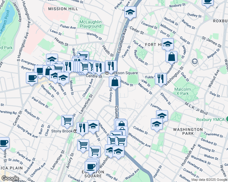 map of restaurants, bars, coffee shops, grocery stores, and more near 1601 Columbus Avenue in Boston